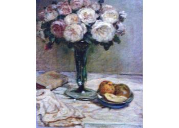 Rose in un vaso di vetro verde ,una piccola ciotola con mele  e un un libro Rose in un vaso di vetro verde ,una piccola ciotola con mele  e un un libro